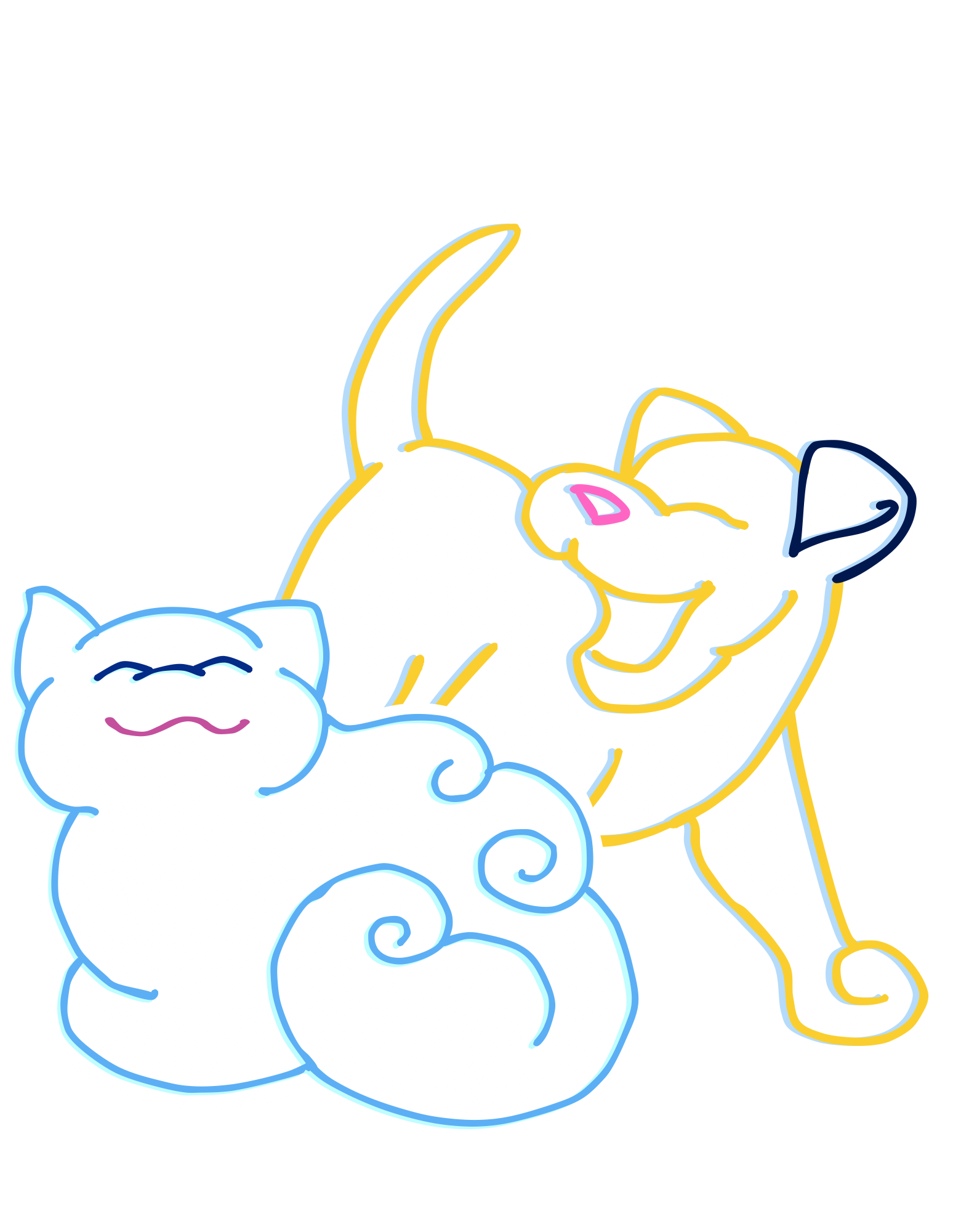 colorful illustration of Bennie, a joyful and energetic dog, and Celeste, a calm and cheerful cat, sitting together with warm smiles, happily welcoming you to nrbcares. Celeste is white with blue outline and bennie is white with a gold outline and a black outlined ear.